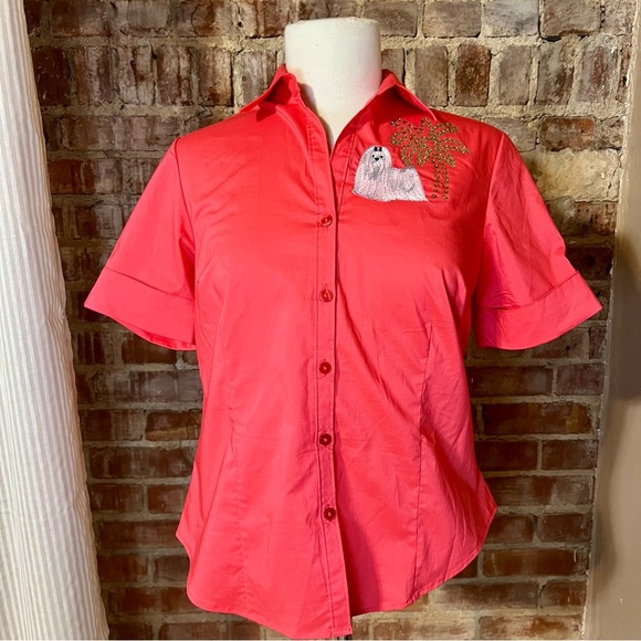 Vintage Coral Shirt with Dog and Palm Tree Embroidery -Size S -TP43 - Picture 2 of 9